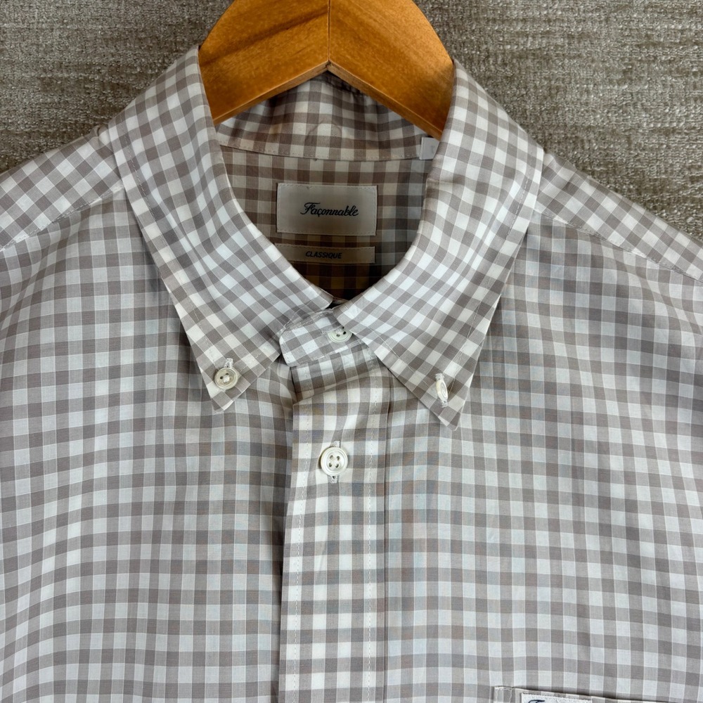 Faconnable Classique Shirt Mens L Tan White Gingham Button Down EUC Preppy NWOT